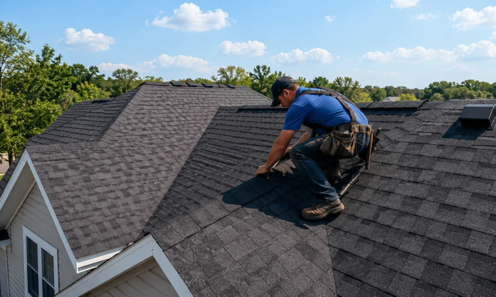 Roofing contractor crew installing a new roof in Tomball, TX