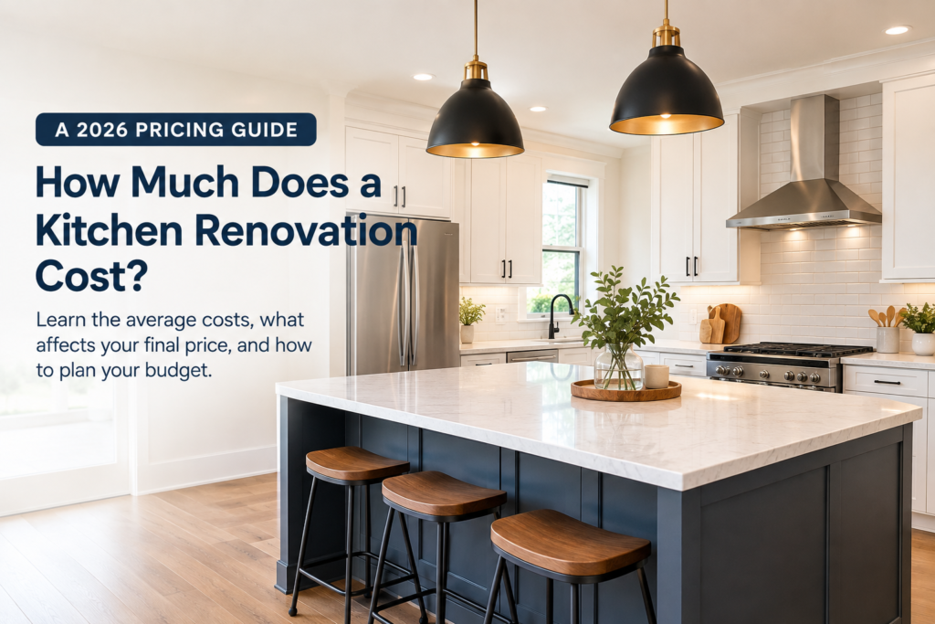Modern renovated kitchen showing new cabinets, countertops, and appliances — 2026 kitchen renovation cost guide