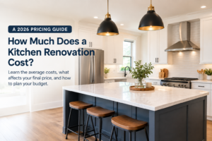 Modern renovated kitchen showing new cabinets, countertops, and appliances — 2026 kitchen renovation cost guide