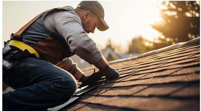 Roofing crew performing roof repair on a home in Tomball, TX